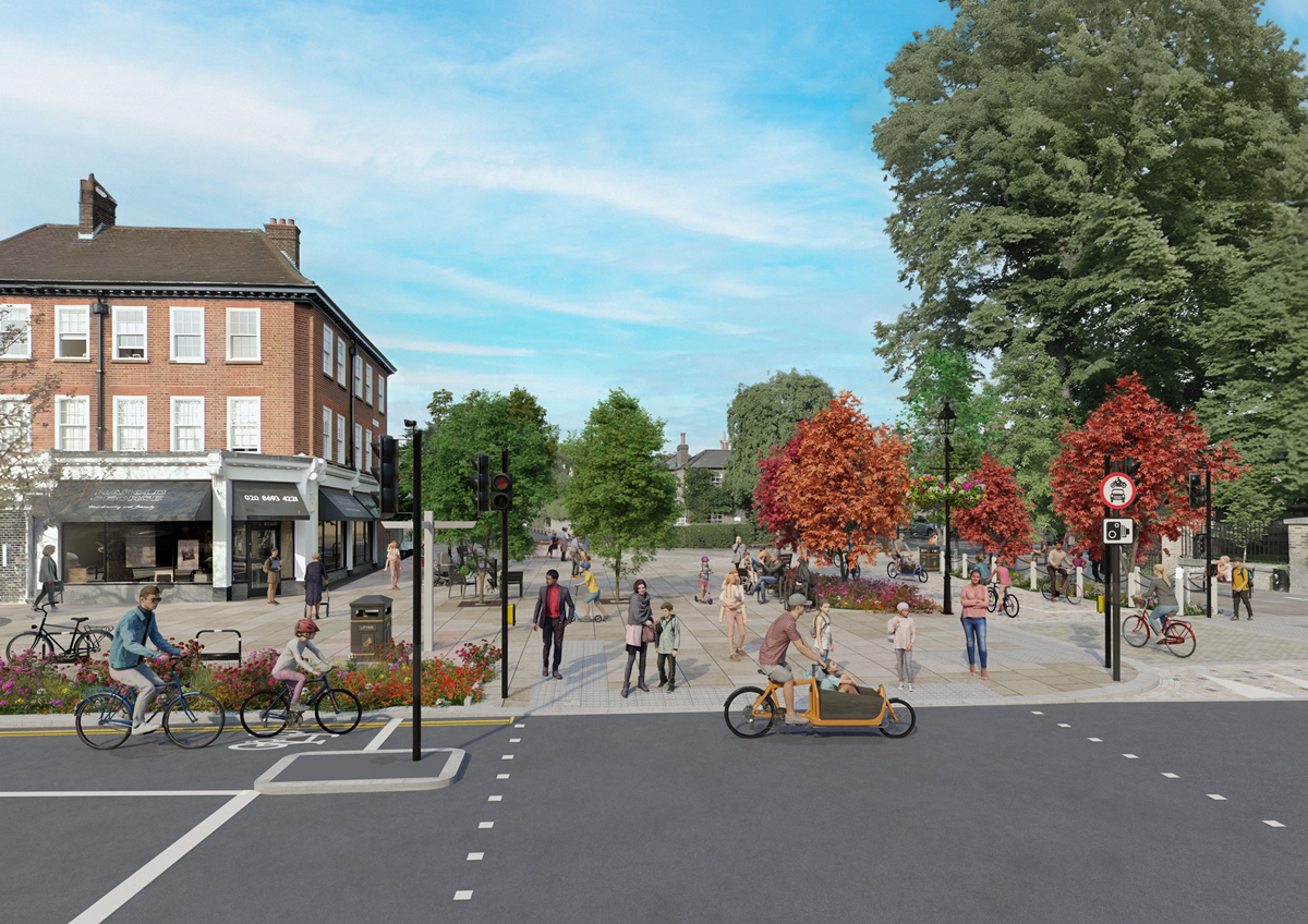 Artist drawing of Dulwich Village - pedestrians and bikers on broad pavement with shops and trees